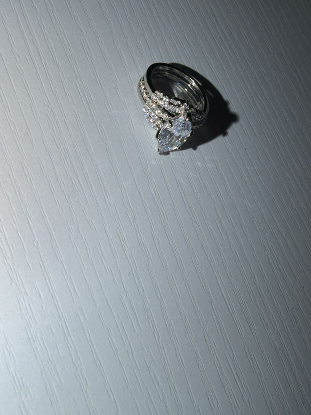Silver Pear-Cut Halo Bridal Ring Set - Silver two piece ring stack